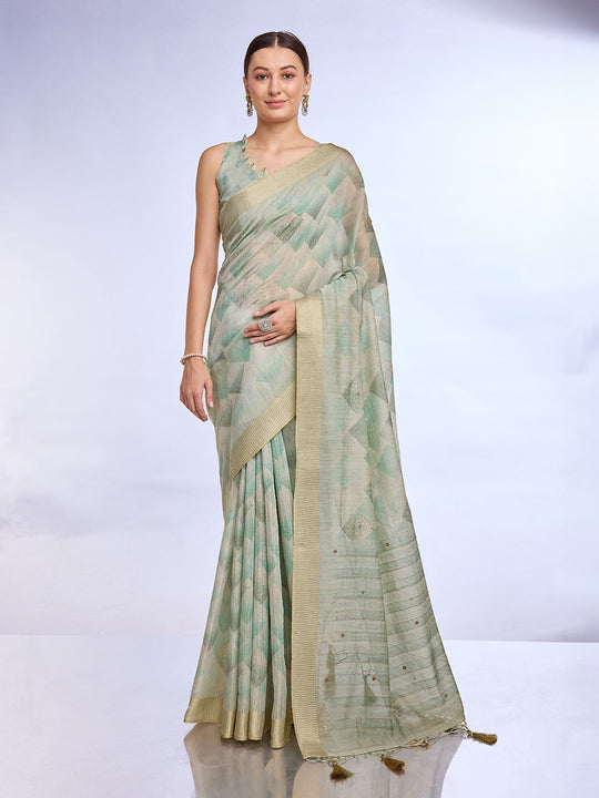 Green Tissue Linen Blend Saree With Blouse Piece