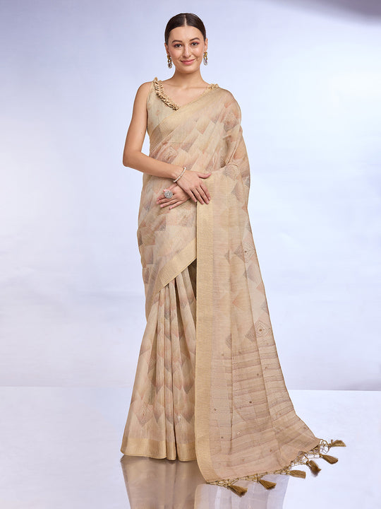 Cream Tissue Linen Blend Saree With Blouse Piece