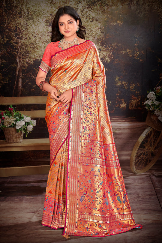 Pink Zari Woven Kanjivaram Silk Saree With Blouse Piece