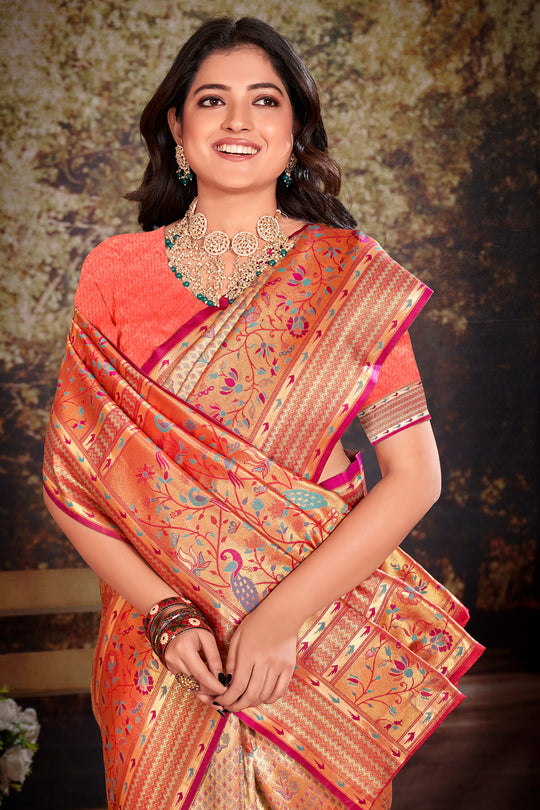 Pink Zari Woven Kanjivaram Silk Saree With Blouse Piece