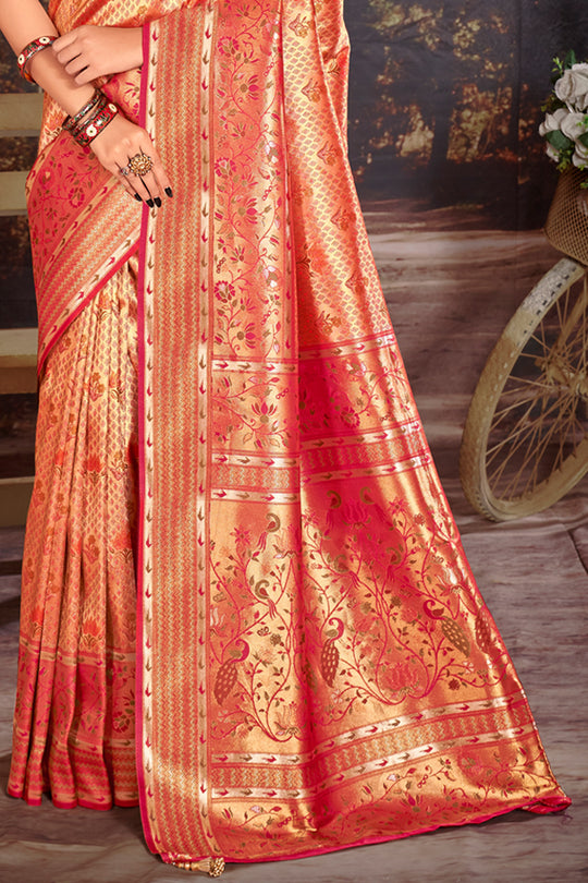 Hot Pink Zari Woven Kanjivaram Silk Saree With Blouse Piece