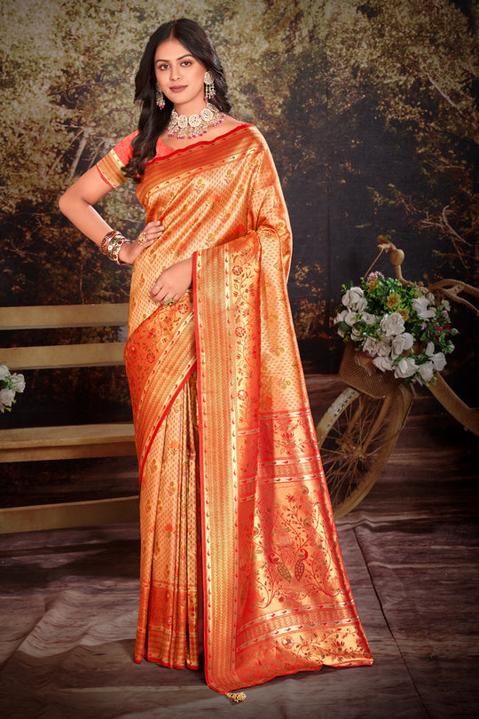 Orange Zari Woven Kanjivaram Silk Saree With Blouse Piece