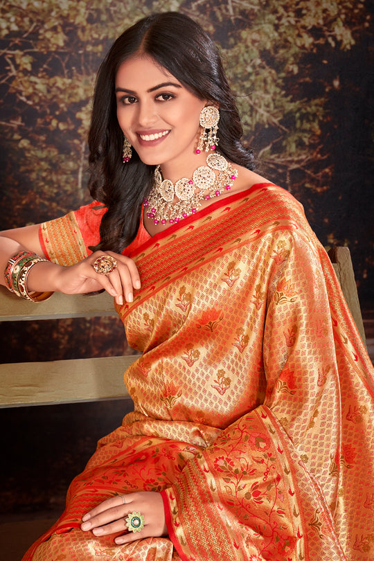 Orange Zari Woven Kanjivaram Silk Saree With Blouse Piece
