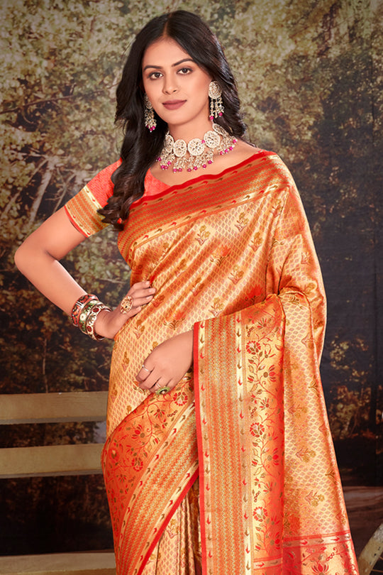 Orange Zari Woven Kanjivaram Silk Saree With Blouse Piece