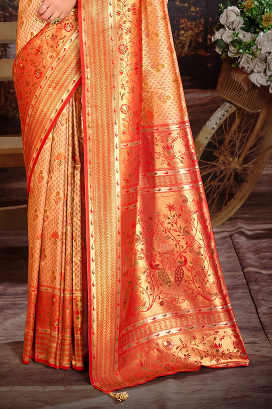 Orange Zari Woven Kanjivaram Silk Saree With Blouse Piece