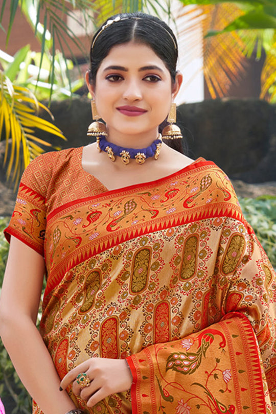 Orange Zari Woven Kanjivaram Silk Saree With Blouse Piece