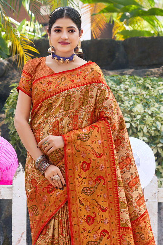 Orange Zari Woven Kanjivaram Silk Saree With Blouse Piece