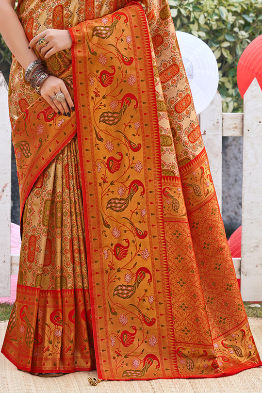 Orange Zari Woven Kanjivaram Silk Saree With Blouse Piece