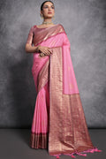 Pink Tussar Silk Blend Saree With Blouse Piece