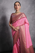 Pink Tussar Silk Blend Saree With Blouse Piece