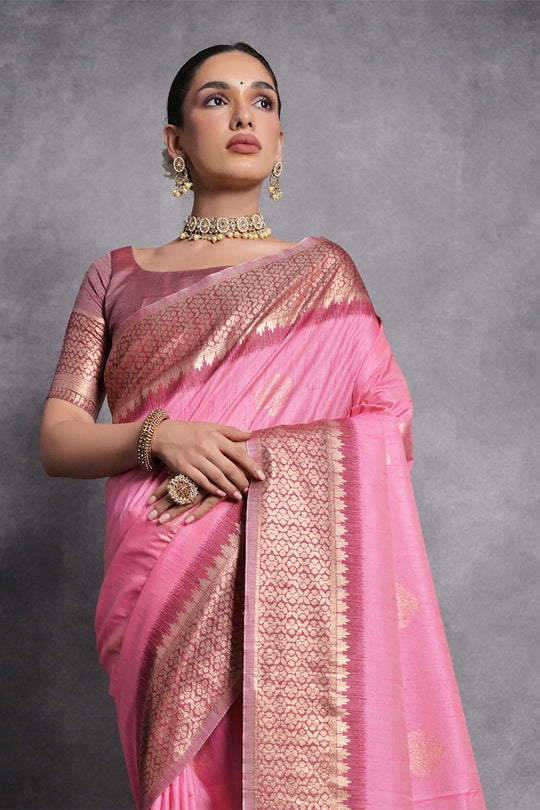 Pink Tussar Silk Blend Saree With Blouse Piece