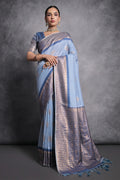 Blue Tussar Silk Blend Saree With Blouse Piece