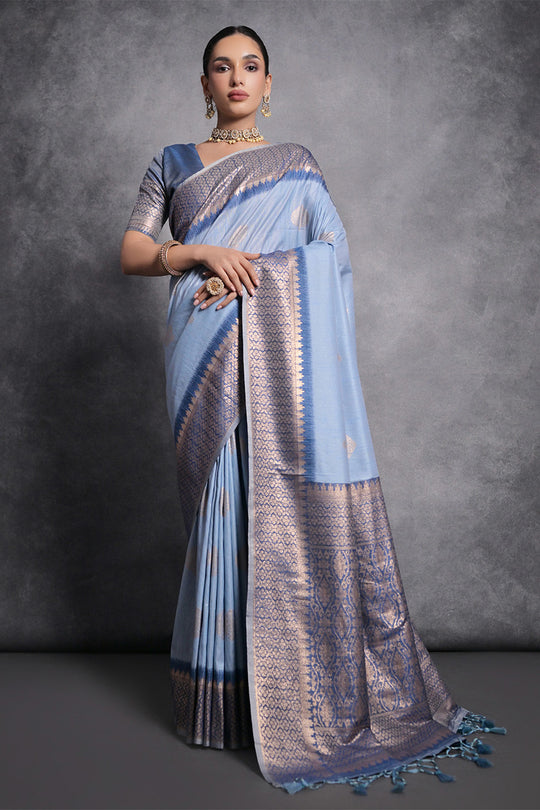 Blue Tussar Silk Blend Saree With Blouse Piece
