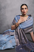 Blue Tussar Silk Blend Saree With Blouse Piece