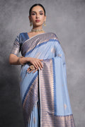 Blue Tussar Silk Blend Saree With Blouse Piece