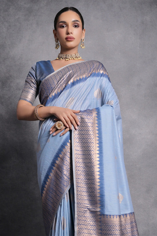 Blue Tussar Silk Blend Saree With Blouse Piece