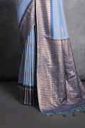 Blue Tussar Silk Blend Saree With Blouse Piece