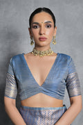 Blue Tussar Silk Blend Saree With Blouse Piece