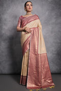 Cream Tussar Silk Blend Saree With Blouse Piece