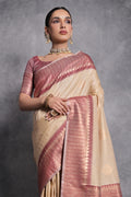 Cream Tussar Silk Blend Saree With Blouse Piece