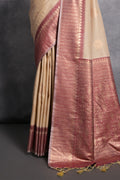 Cream Tussar Silk Blend Saree With Blouse Piece