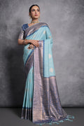 Teal Tussar Silk Blend Saree With Blouse Piece