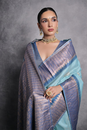 Teal Tussar Silk Blend Saree With Blouse Piece