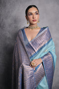 Teal Tussar Silk Blend Saree With Blouse Piece