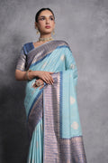 Teal Tussar Silk Blend Saree With Blouse Piece