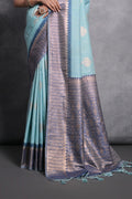 Teal Tussar Silk Blend Saree With Blouse Piece