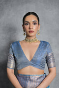 Teal Tussar Silk Blend Saree With Blouse Piece