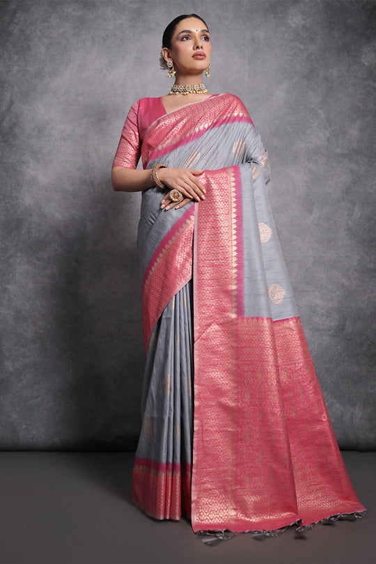 Grey Tussar Silk Blend Saree With Blouse Piece