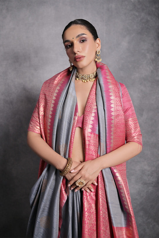 Grey Tussar Silk Blend Saree With Blouse Piece