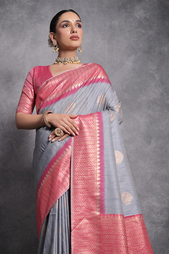 Grey Tussar Silk Blend Saree With Blouse Piece