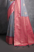 Grey Tussar Silk Blend Saree With Blouse Piece