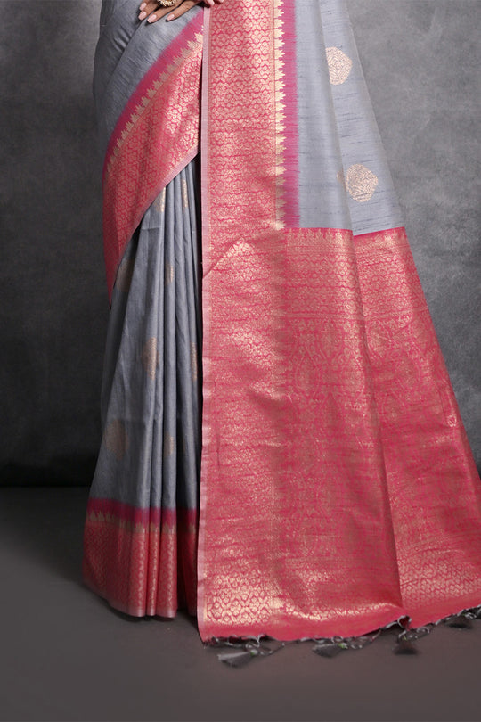 Grey Tussar Silk Blend Saree With Blouse Piece