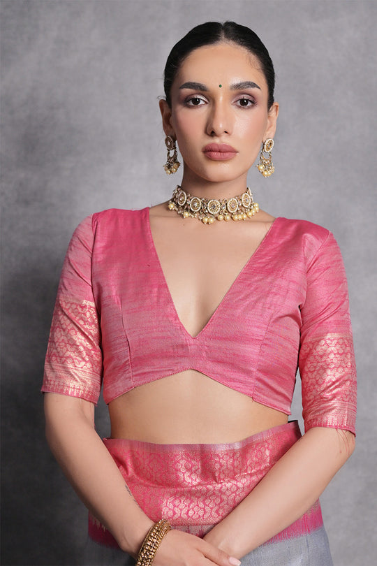 Grey Tussar Silk Blend Saree With Blouse Piece