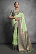 Green Tussar Silk Blend Saree With Blouse Piece