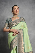 Green Tussar Silk Blend Saree With Blouse Piece