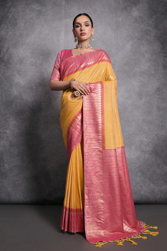 Yellow Tussar Silk Blend Saree With Blouse Piece