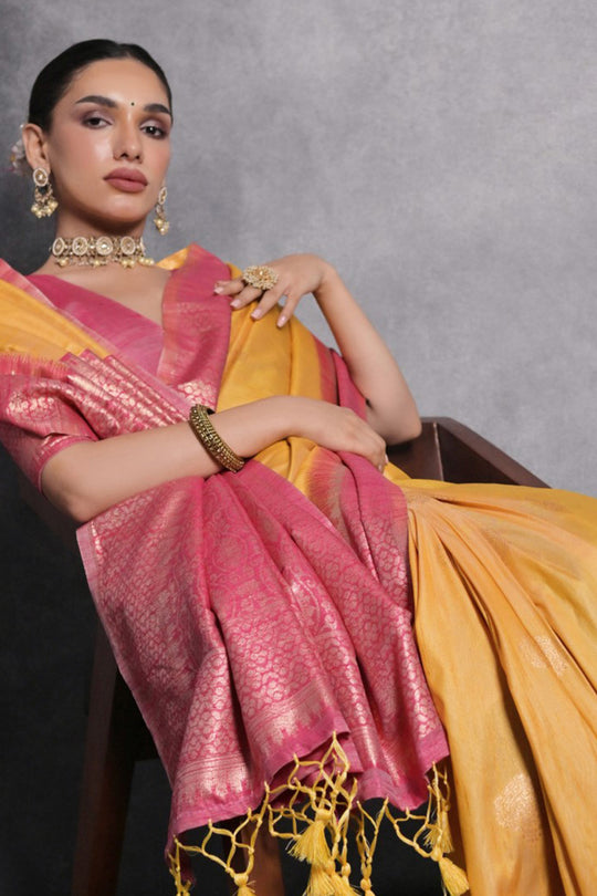 Yellow Tussar Silk Blend Saree With Blouse Piece