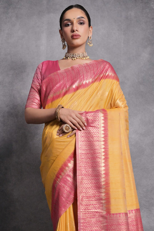 Yellow Tussar Silk Blend Saree With Blouse Piece