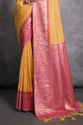 Yellow Tussar Silk Blend Saree With Blouse Piece