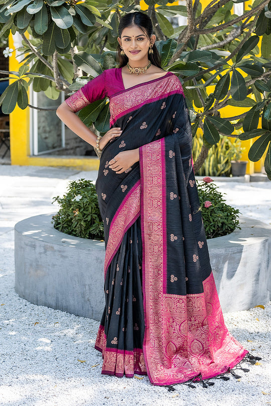 Black Banarasi Silk Blend Saree With Blouse Piece