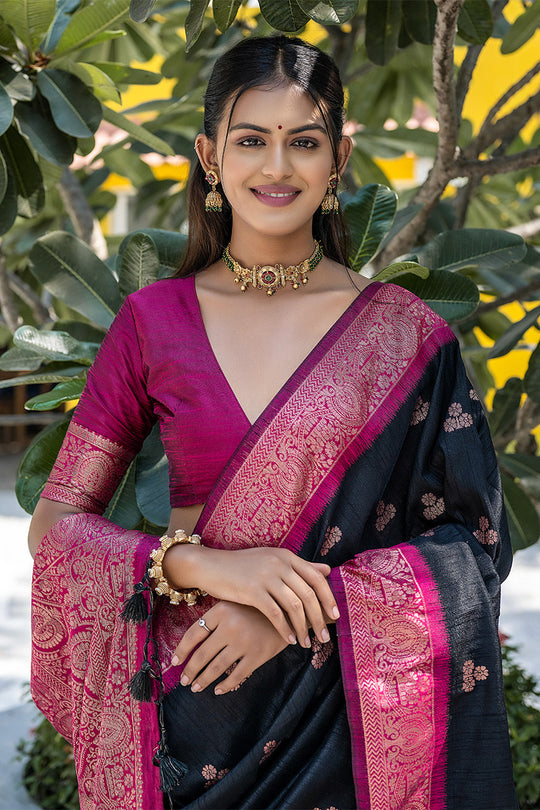 Black Banarasi Silk Blend Saree With Blouse Piece