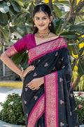 Black Banarasi Silk Blend Saree With Blouse Piece