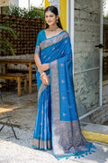 Teal Banarasi Silk Blend Saree With Blouse Piece