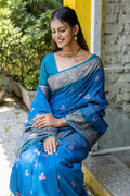 Teal Banarasi Silk Blend Saree With Blouse Piece