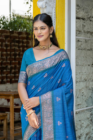 Teal Banarasi Silk Blend Saree With Blouse Piece