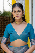 Teal Banarasi Silk Blend Saree With Blouse Piece